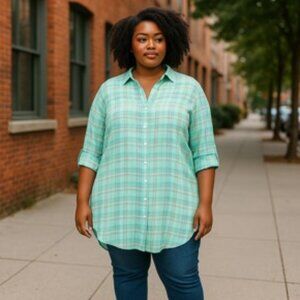 Plaid Button-Down Shirt Mint Green, Roll Tab Sleeves, NWT, Size L